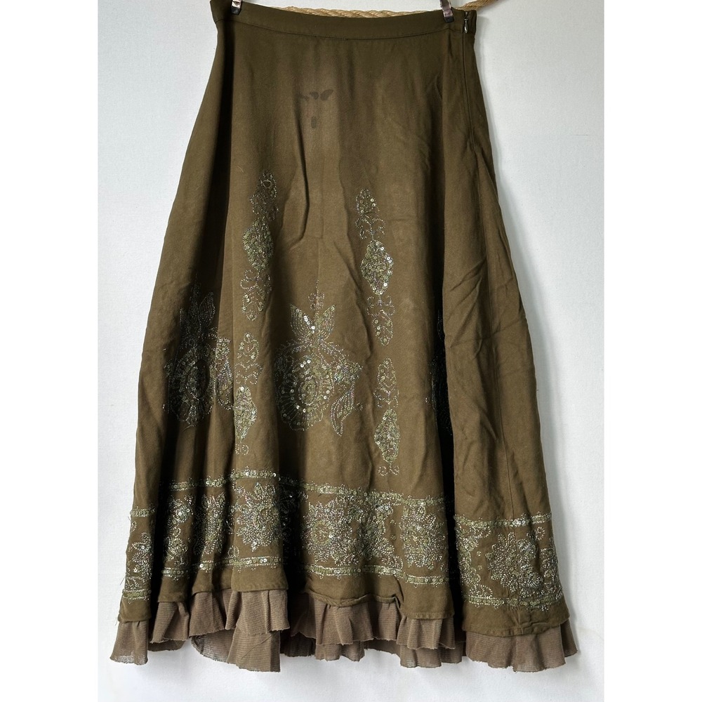 Coldwater Creek Midi Skirt Sequin Embroidered Goth Whimsy Womens PXS Olive Green